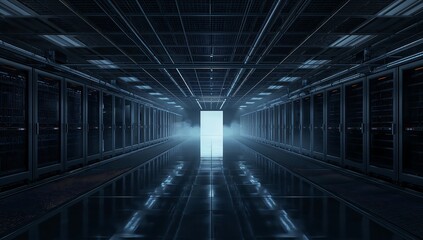 Obraz premium Generative AI depicts a futuristic data center corridor illuminated with blue lights
