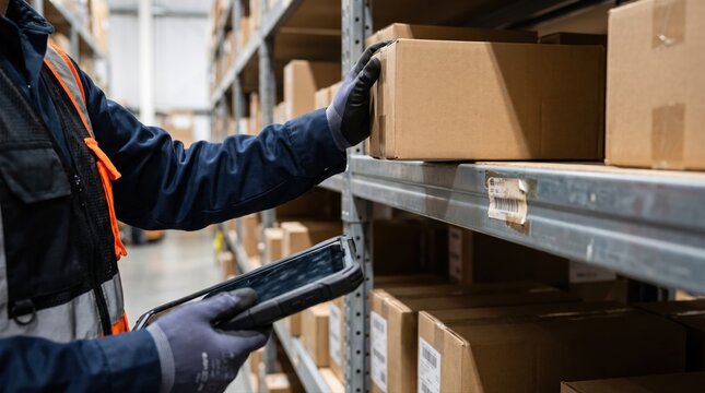 Warehouse worker scanning cardboard boxes on storage shelf with tablet in logistics aisle