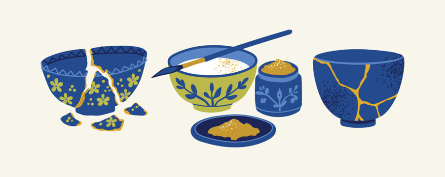 Kintsugi Repair Process Set With Broken Bowl Shards, Gold Powder, Mixing Bowl, Brush, Jar, Dish And Mended Bowl With Golden Seams, Blue, Olive Green And Gold, Flat Vector Illustration