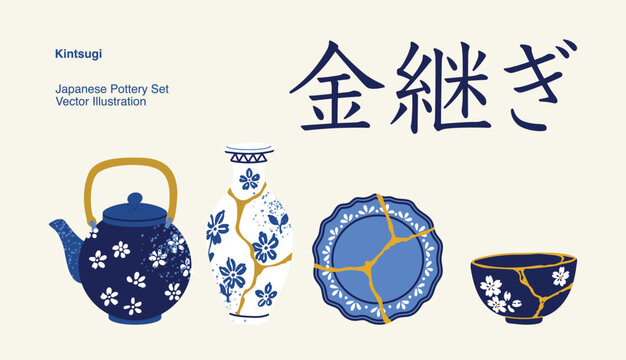 Kintsugi Japanese Pottery Set With Teapot, Vase, Plate And Bowl Repaired With Gold Seams, Blue And White Porcelain, Cherry Blossom Pattern, Navy, Cobalt And Gold, Flat Vector Illustration