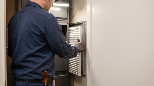Technician opening a louvered access panel in an indoor utility area