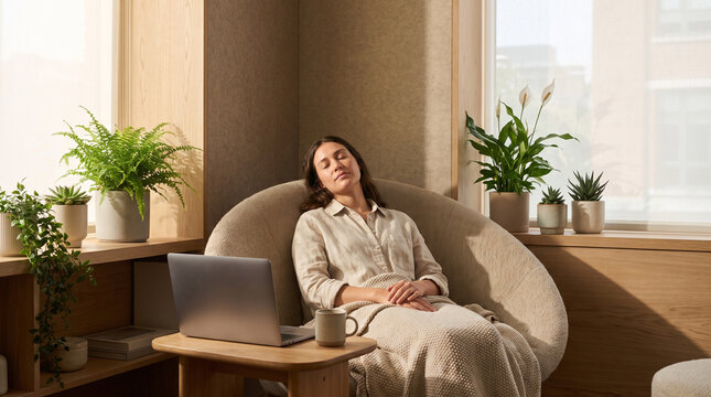 Woman relaxing with laptop during break from remote work at home