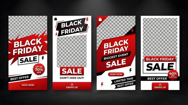 Dynamic black friday sale social media story templates with bold red and black design, energetic lightning accents, and clear calltoaction buttons