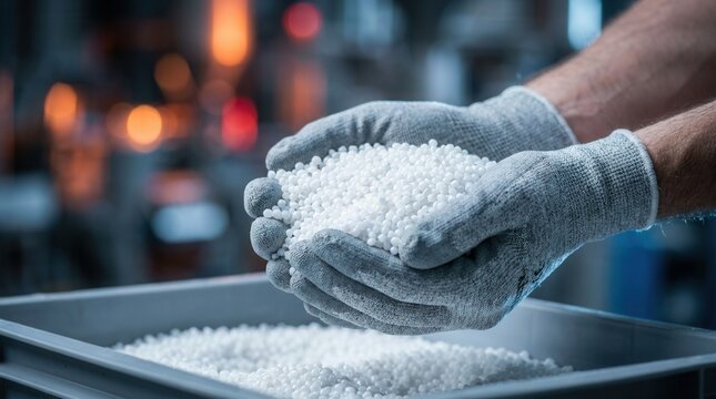 Gloved factory worker hands holding white polypropylene granules, PP and PET chips in a detailed close-up