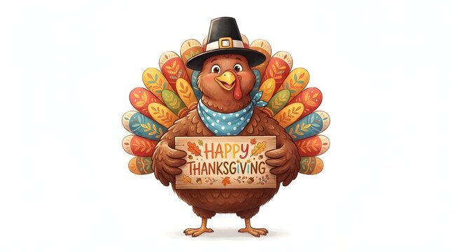 Cute cartoon turkey holding a happy thanksgiving sign