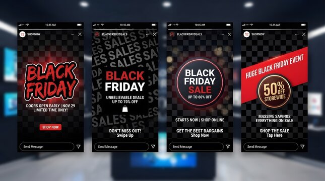 Set of black friday social media story templates with modern dark design, promotional sale banners, and call to action buttons for mobile marketing