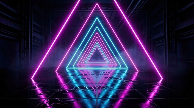 Reflections in a dark futuristic studio with glowing neon triangular light