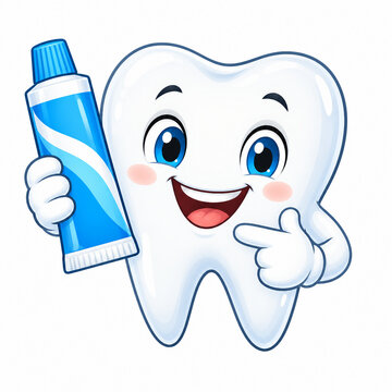 Cheerful cartoon tooth holding a blue toothpaste tube, illustrating daily oral care, tooth cleaning and healthy dental habits.