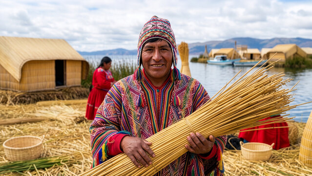 Indigenous Uros Man Holding Harvested Totora Reeds on Floating Island in Lake Titicaca Peru