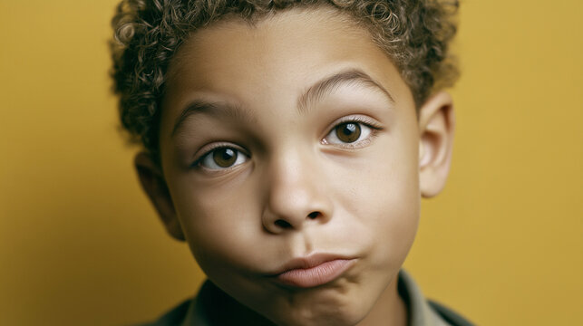 Young child pouting with curly hair against yellow background