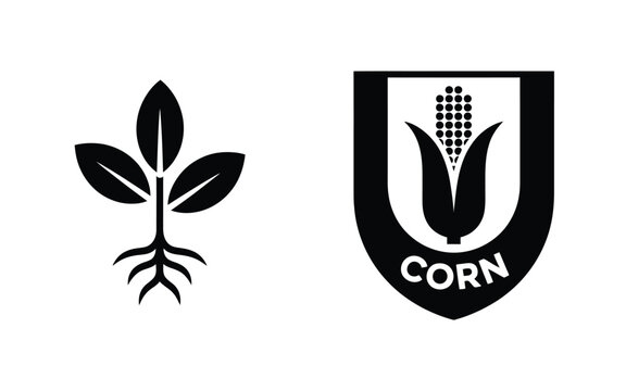 Black vector agriculture logo set featuring a growing plant with roots alongside a shield badge icon labeled corn isolated.ltw1