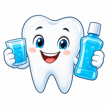 Cheerful cartoon tooth holding mouthwash and a glass of water, illustrating rinsing, fresh breath and complete oral hygiene.