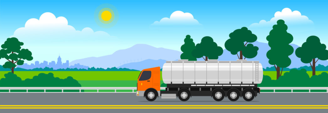 oil fuel tank truck moving on the road highway landscape vector illustration