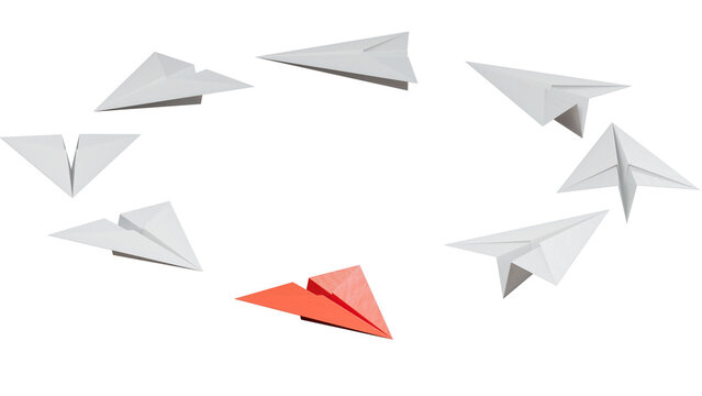 Group of white paper planes fly in a circle and one red paper plane pointing in different way . Business for new ideas creativity, innovative and solution concept.Supports PNG files