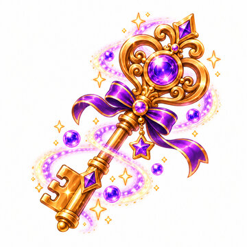 Ornate golden magical key decorated with purple gemstones, ribbon, stars and sparkling enchanted energy, isolated on a white background.