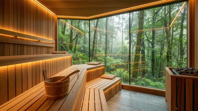 Modern wooden sauna featuring a glass window with a view of lush forest greenery