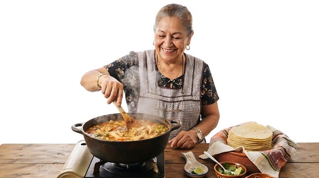 Senior woman cooking hot stew in a large pot on table