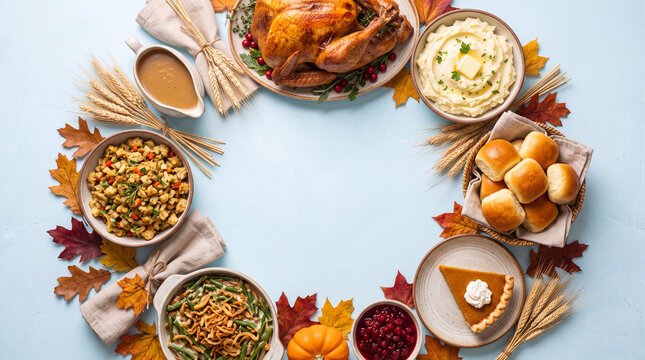 Overhead view of Thanksgiving dinner feast with turkey and side dishes arranged in a circular frame.