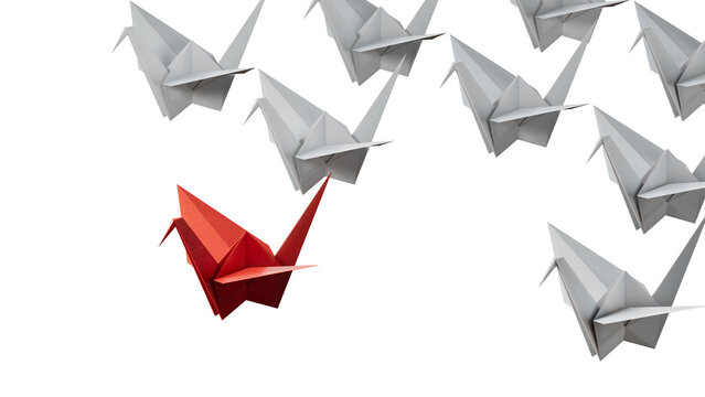 Different business concept.new ideas. paper art style. creative idea.leader swan concept with red paper swan leading among white.Supports PNG files with transparent backgrounds.