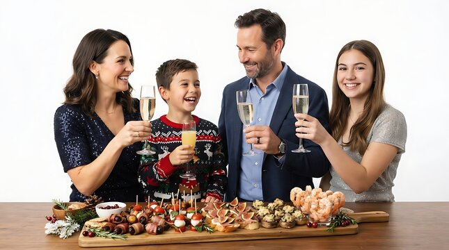 Happy family celebrating together with drinks and food at a table