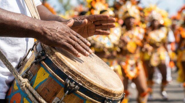 A detailed close-up of drumming hands on a traditional Goombay drum at the Junkanoo festival