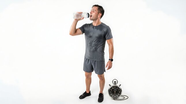 Sweaty man drinking water from a bottle next to a stopwatch