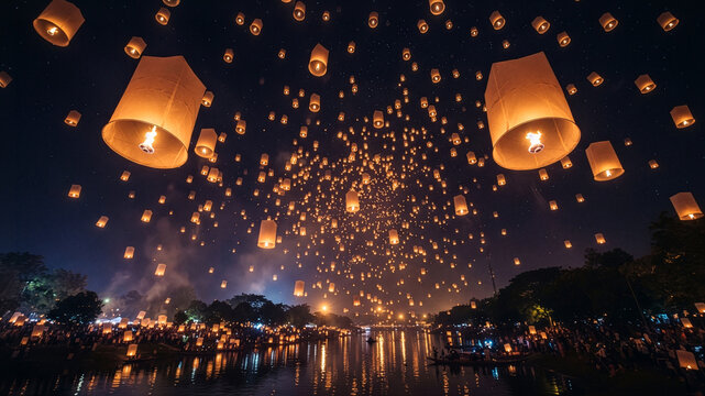 Thousands of Glowing Sky Lanterns Ascending into the Night Sky Over River during Yi Peng Festival