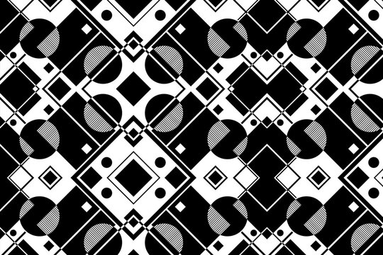 Abstract geometric monochrome pattern with symmetrical squares, circles, and diagonal lines in black and white style.