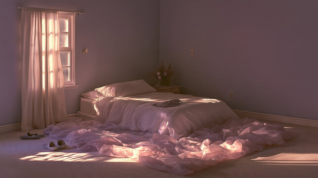 Sunlight streaming through window onto rumpled bed in quiet bedroom