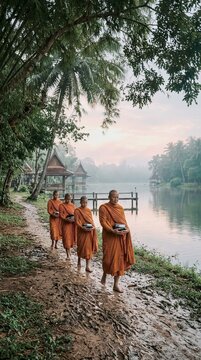 Monks in orange robes walking barefoot along a muddy path beside a river carrying alms bowls