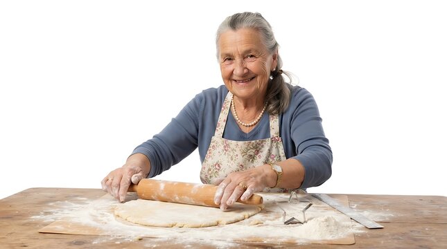 Elderly woman rolling out cookie dough on a wooden table