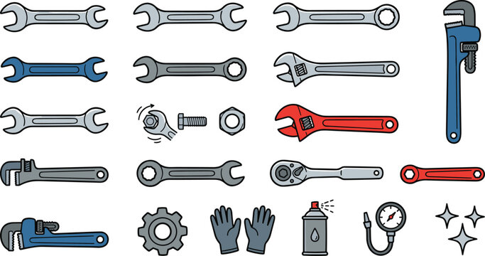 Hand drawn mechanical tools vector set with wrenches spanners pipe wrench gear gloves spray for repair maintenance workshop background