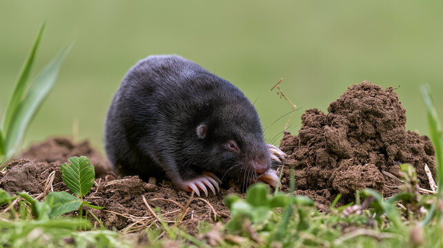 Black mole emerging from soil mound in grassy field
