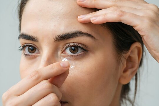 Woman inserting contact lens into her eye carefully for vision care.