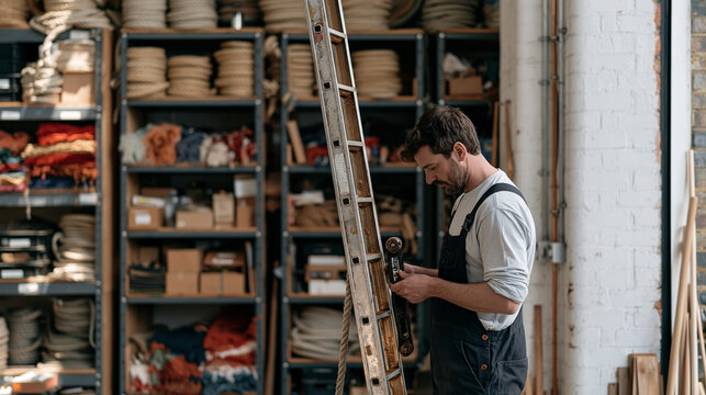 Single professional ropemaker reassembling a rigging component after cleaning inside a vibrant repurposed market warehouse, a tall ladder leaning against a painted brick wall,