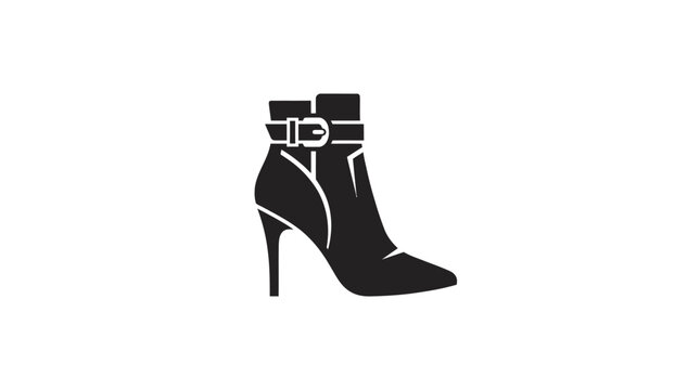 Minimalist black icon of a stylish high heel ankle boot with a buckle strap.