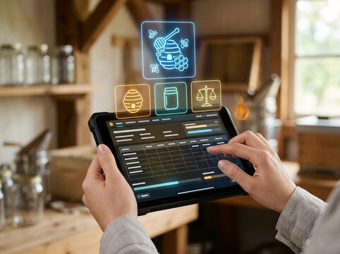 Smart Beekeeping Management Application on Digital Tablet Showing Honey Production Data and Holographic Icons in a Rustic Workshop Setting.