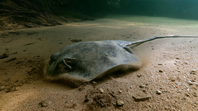 Freshwater stingray resting on sandy river bottom