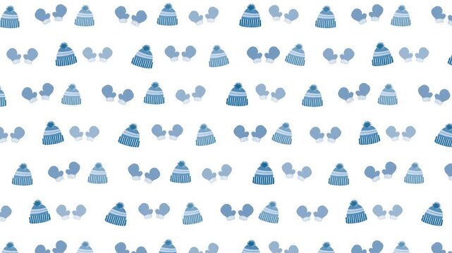 Cute seamless winter pattern background with knitted beanie hats and gloves loop video