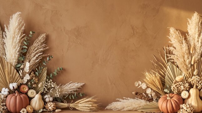 Autumn background with pampas grass, dried flowers, and pumpkins on a rustic brown wall, perfect for Thanksgiving or fall seasonal decorations.