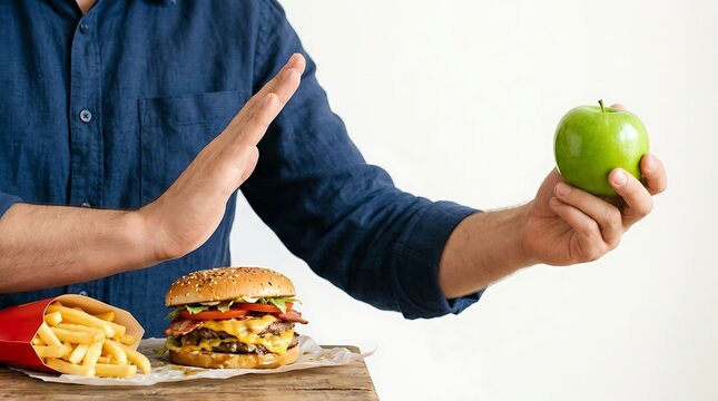 Man choosing a healthy apple over junk food burger