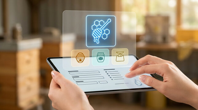 Smart Beekeeping Management with Digital Tablet and Holographic Interface Showing Honey Yield and Hive Data Statistics in Apiary Setting