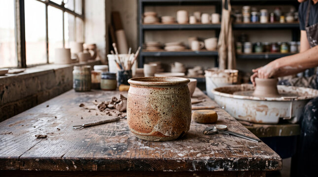 Vase en c&eacute;ramique artisanale en gr&egrave;s &eacute;maill&eacute; pos&eacute; sur une table de potier dans un atelier d'artisanat