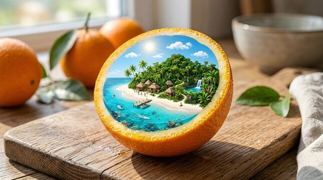Inside a cut orange on a wooden board  an illustrated tropical paradise features lush greenery  sandy shores  huts  and turquoise waters under a sunny sky