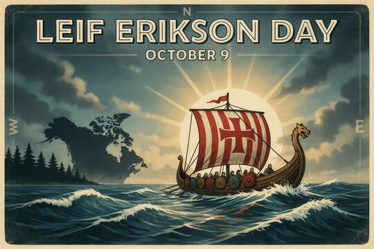 Leif erikson day poster with viking ship sailing toward north america