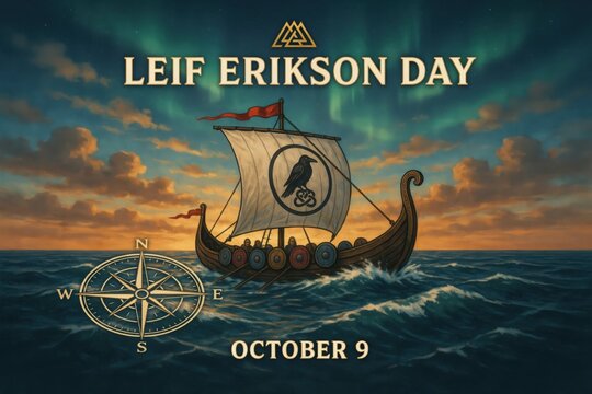 Leif erikson day celebration with viking longship on ocean under northern lights