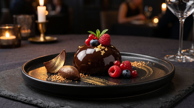 A gourmet chocolate dome dessert garnished with fresh berries and gold leaf on a plate with shiny chocolate glaze dark plate decorated dimly lit setting