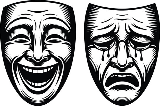 Vintage comedy and tragedy theater drama masks retro engraved woodcut line art style isolated vector illustration