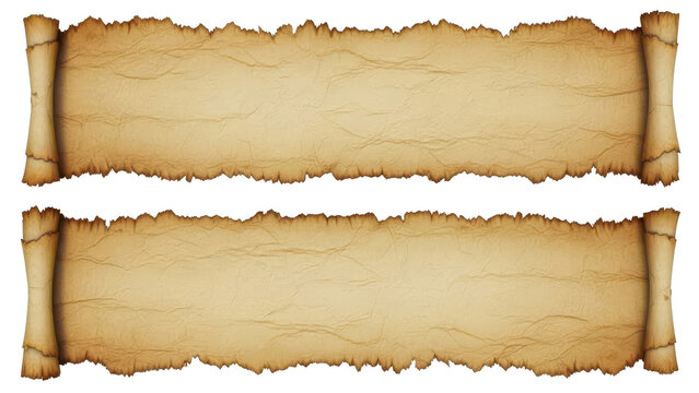 Two old vintage paper scrolls with torn edges for writing messages and notes