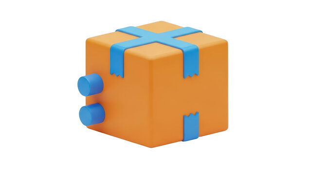 Orange gift box with blue ribbon and button icons in a simple 3d isometric style